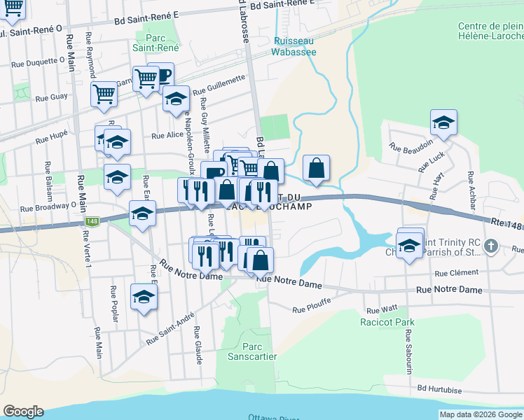 map of restaurants, bars, coffee shops, grocery stores, and more near 400 Boulevard Maloney Est in Gatineau