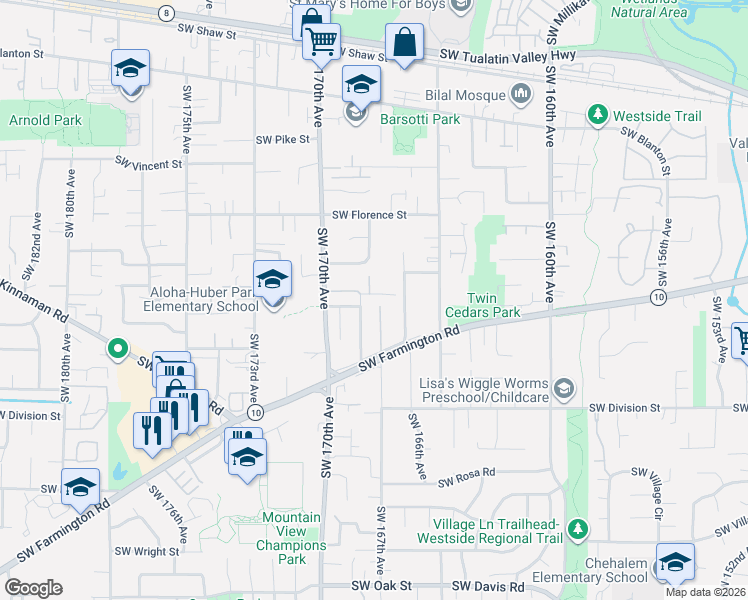 map of restaurants, bars, coffee shops, grocery stores, and more near 16760 Southwest Somes Lane in Beaverton