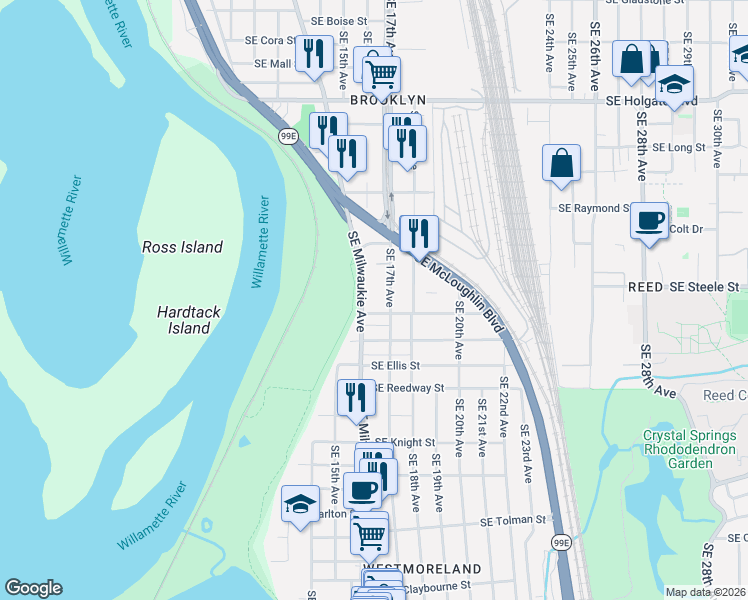 map of restaurants, bars, coffee shops, grocery stores, and more near 5322 Southeast Milwaukie Avenue in Portland