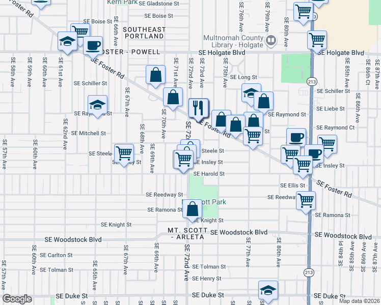 map of restaurants, bars, coffee shops, grocery stores, and more near 7204 Southeast Steele Street in Portland