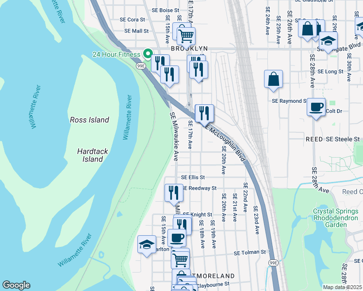 map of restaurants, bars, coffee shops, grocery stores, and more near 5324 Southeast Milwaukie Avenue in Portland
