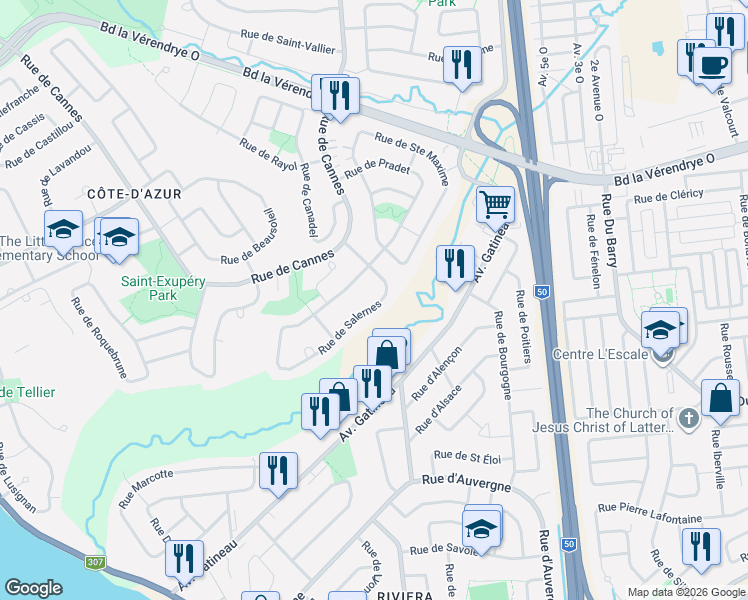 map of restaurants, bars, coffee shops, grocery stores, and more near 71 Rue de Salernes in Gatineau