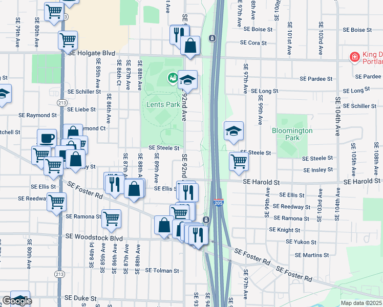map of restaurants, bars, coffee shops, grocery stores, and more near 9220 Southeast Steele Street in Portland