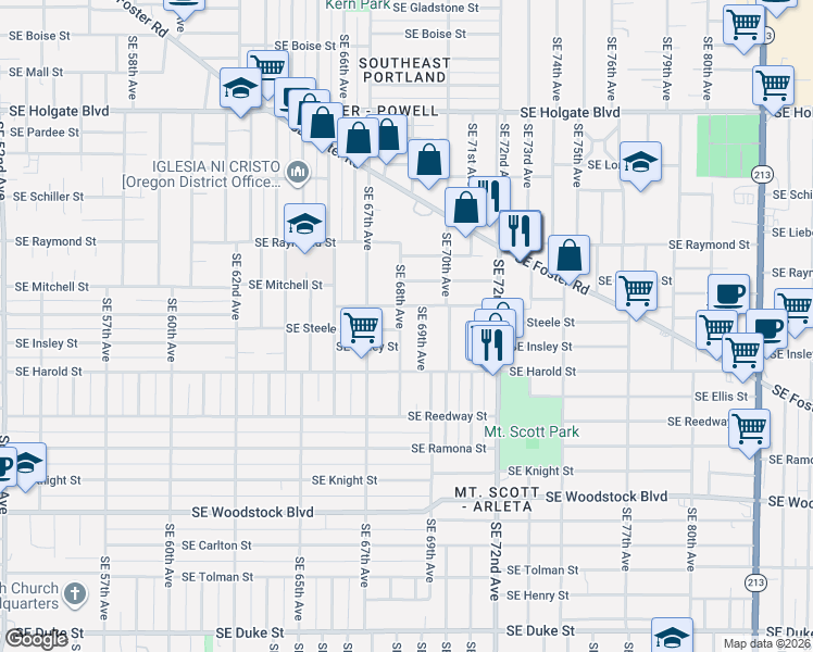 map of restaurants, bars, coffee shops, grocery stores, and more near 5290 Southeast 68th Avenue in Portland