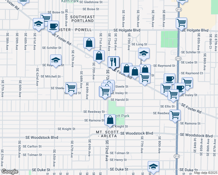 map of restaurants, bars, coffee shops, grocery stores, and more near 7204 Southeast Steele Street in Portland