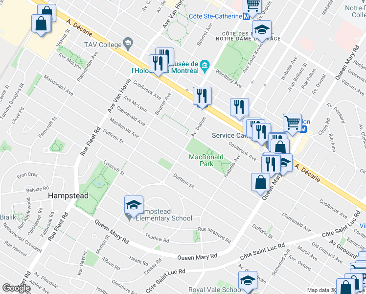 map of restaurants, bars, coffee shops, grocery stores, and more near 5507 Avenue Clanranald in Montréal