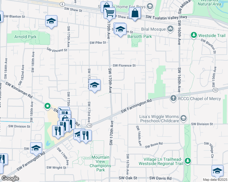 map of restaurants, bars, coffee shops, grocery stores, and more near 4850 Southwest 170th Avenue in Beaverton