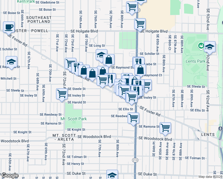 map of restaurants, bars, coffee shops, grocery stores, and more near 7855 Southeast Foster Road in Portland