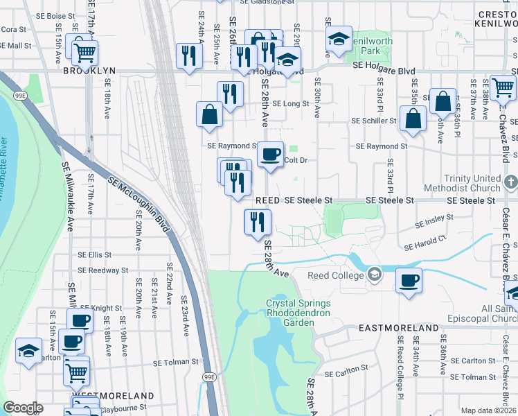 map of restaurants, bars, coffee shops, grocery stores, and more near 5321 Southeast 28th Avenue in Portland