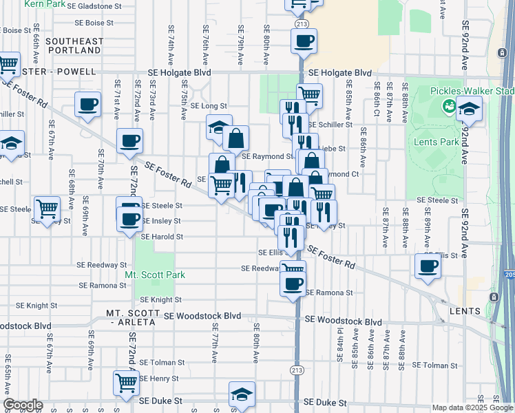 map of restaurants, bars, coffee shops, grocery stores, and more near 7936 Southeast Steele Street in Portland
