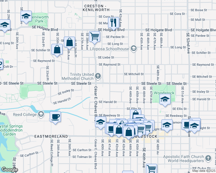 map of restaurants, bars, coffee shops, grocery stores, and more near 5311 Southeast 41st Avenue in Portland