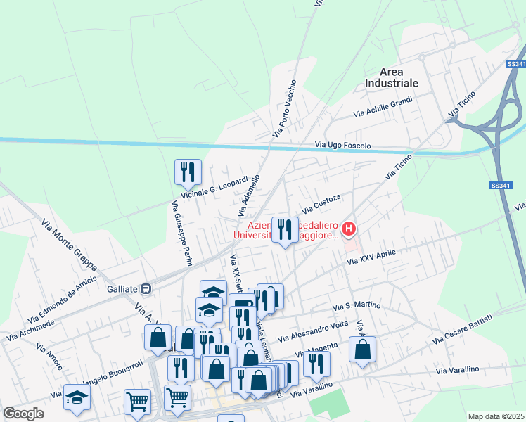 map of restaurants, bars, coffee shops, grocery stores, and more near 11A Via Giovan Battista Gambaro in Galliate