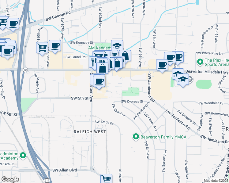 map of restaurants, bars, coffee shops, grocery stores, and more near 4941 Southwest Chestnut Place in Beaverton