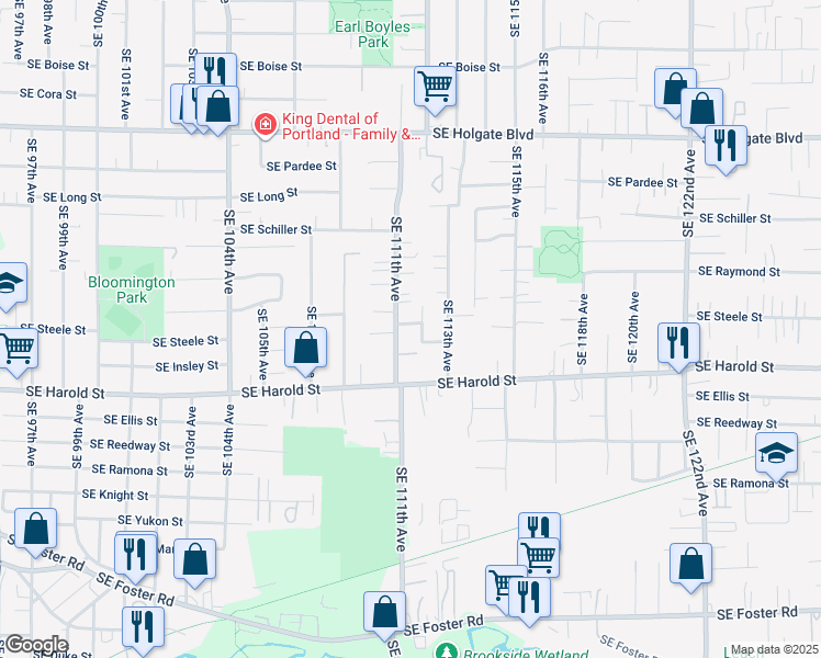 map of restaurants, bars, coffee shops, grocery stores, and more near 11120 Southeast Steele Street in Portland