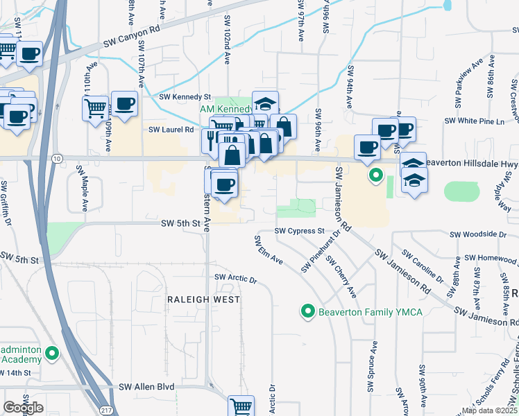 map of restaurants, bars, coffee shops, grocery stores, and more near 4941 SW Chestnut Pl in Beaverton