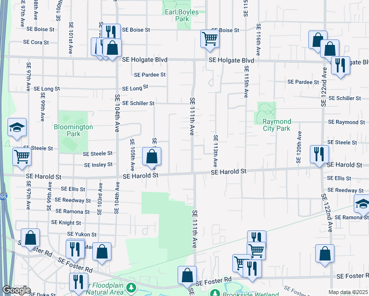 map of restaurants, bars, coffee shops, grocery stores, and more near 5227 Southeast 111th Avenue in Portland