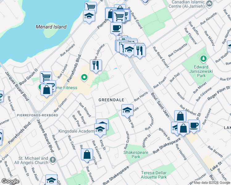 map of restaurants, bars, coffee shops, grocery stores, and more near 14391 Rue Balzac in Montréal