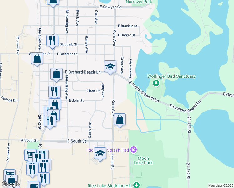 map of restaurants, bars, coffee shops, grocery stores, and more near 1625 Kern Avenue in Rice Lake
