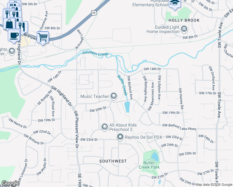 map of restaurants, bars, coffee shops, grocery stores, and more near 1604 Southwest Eastwood Court in Gresham