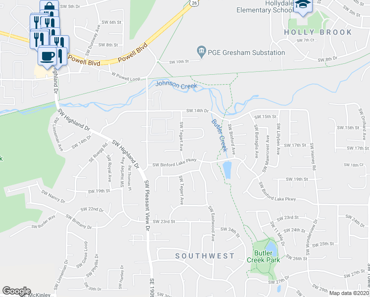 map of restaurants, bars, coffee shops, grocery stores, and more near 1760 Southwest Tegart Avenue in Gresham