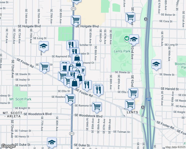 map of restaurants, bars, coffee shops, grocery stores, and more near 8510 Southeast Steele Street in Portland