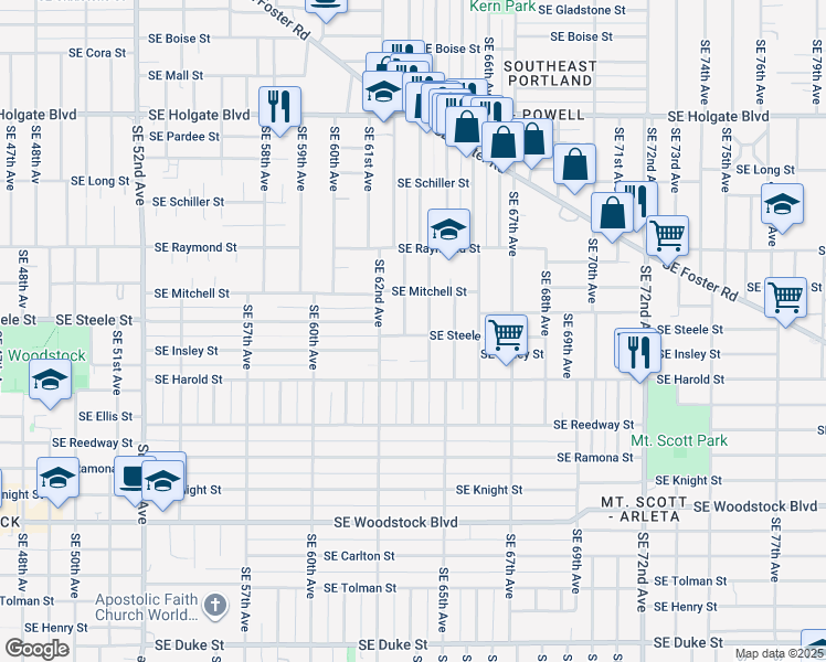 map of restaurants, bars, coffee shops, grocery stores, and more near 5265 Southeast 64th Avenue in Portland
