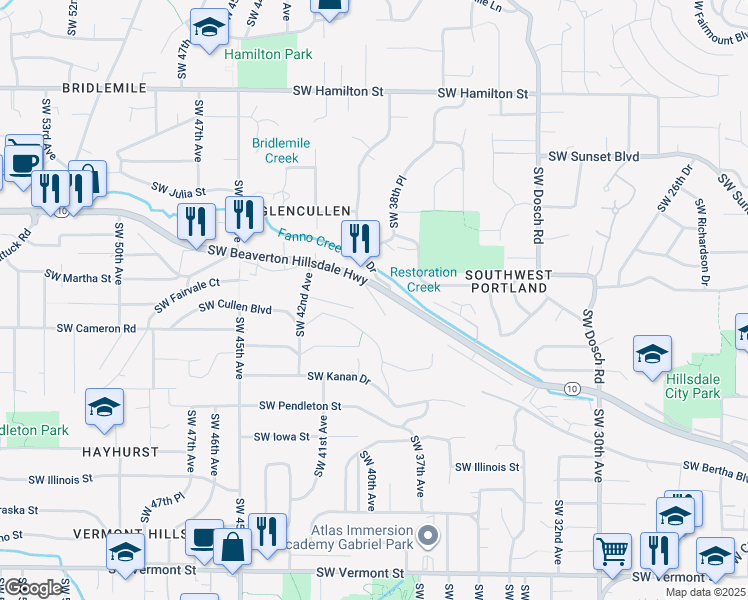 map of restaurants, bars, coffee shops, grocery stores, and more near 3944 Southwest Beaverton Hillsdale Highway in Portland