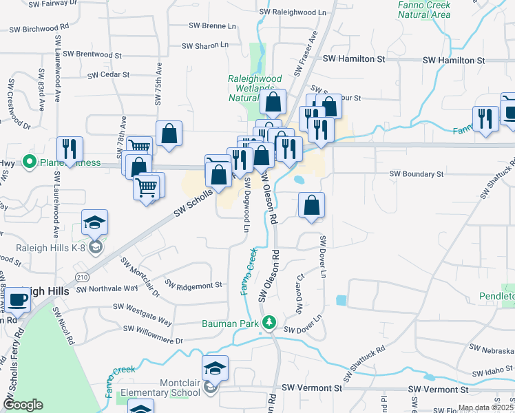 map of restaurants, bars, coffee shops, grocery stores, and more near 4835 Southwest Oleson Road in Portland