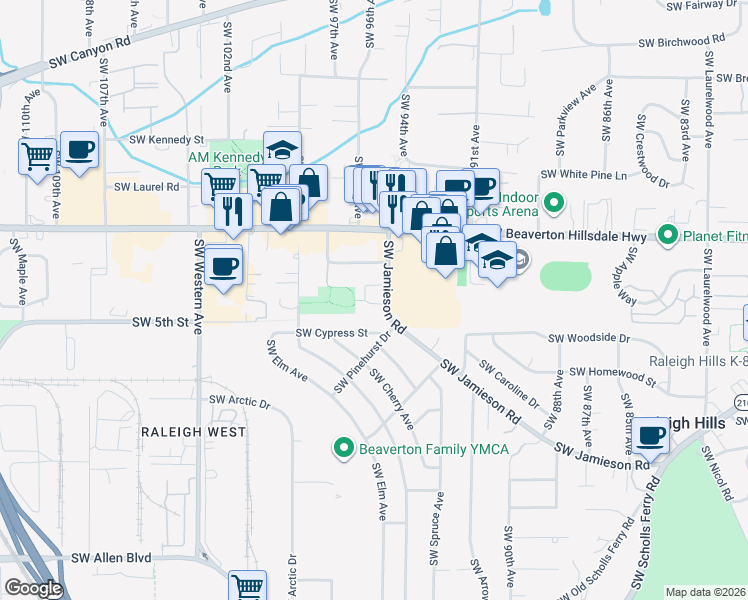 map of restaurants, bars, coffee shops, grocery stores, and more near 4925 Southwest Jamieson Road in Beaverton