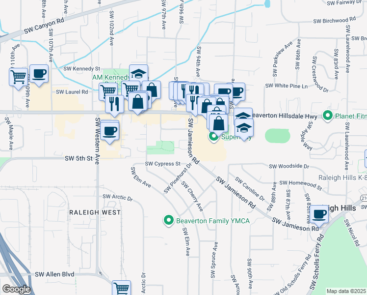 map of restaurants, bars, coffee shops, grocery stores, and more near 4925 Southwest Jamieson Road in Beaverton