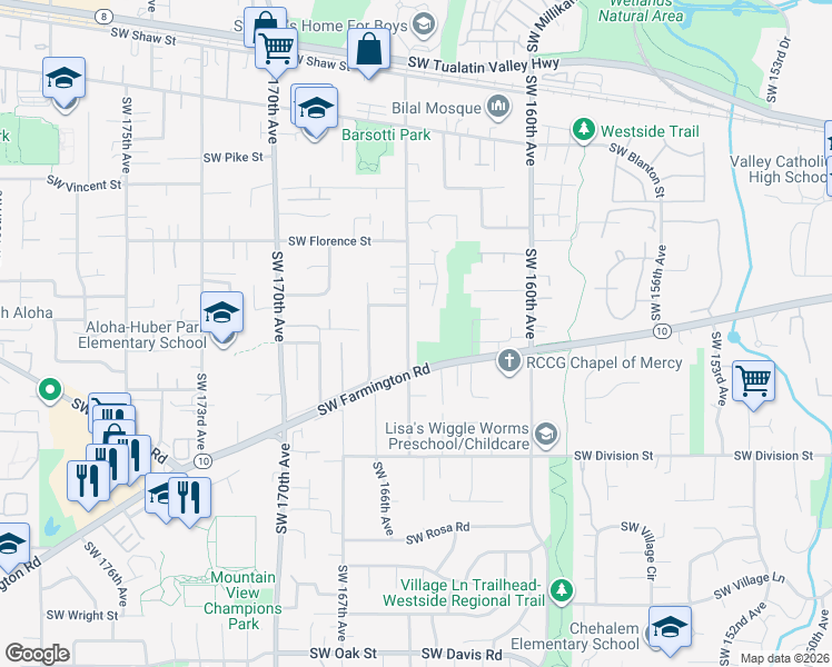 map of restaurants, bars, coffee shops, grocery stores, and more near 4915 Southwest 165th Avenue in Beaverton