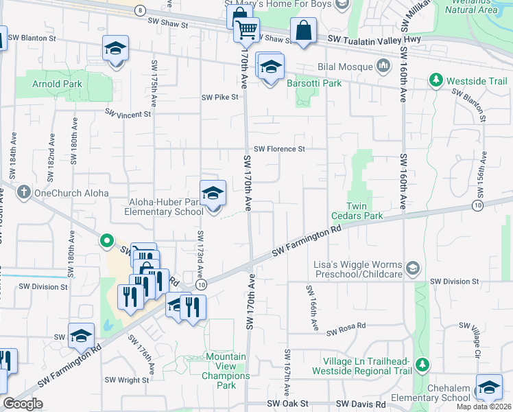 map of restaurants, bars, coffee shops, grocery stores, and more near 4850 Southwest 170th Avenue in Beaverton