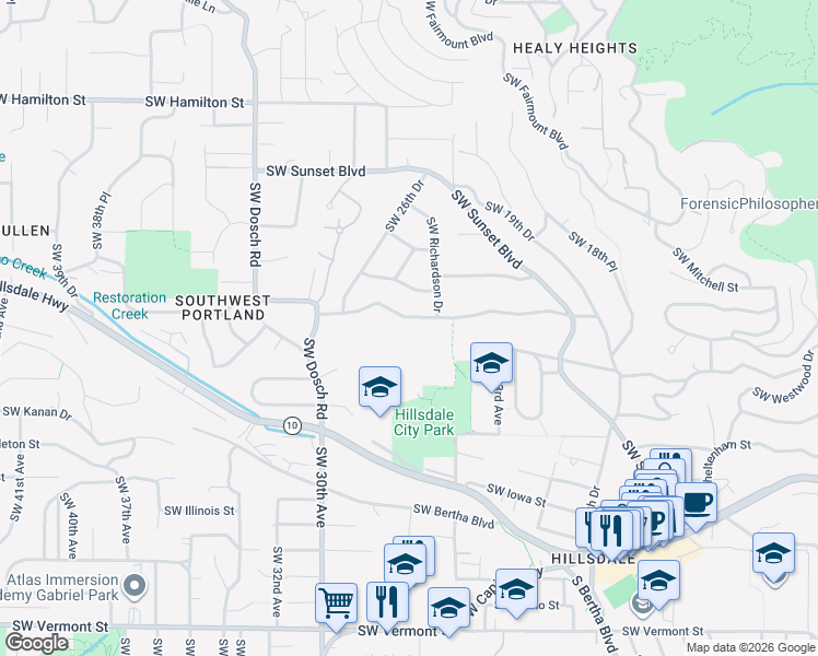 map of restaurants, bars, coffee shops, grocery stores, and more near 2640 Southwest Boundary Street in Portland