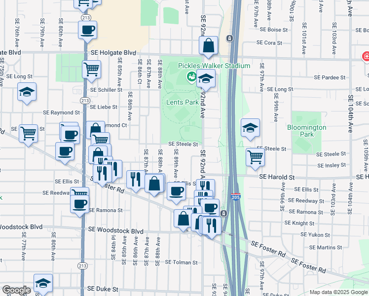 map of restaurants, bars, coffee shops, grocery stores, and more near 9012 Southeast Steele Street in Portland