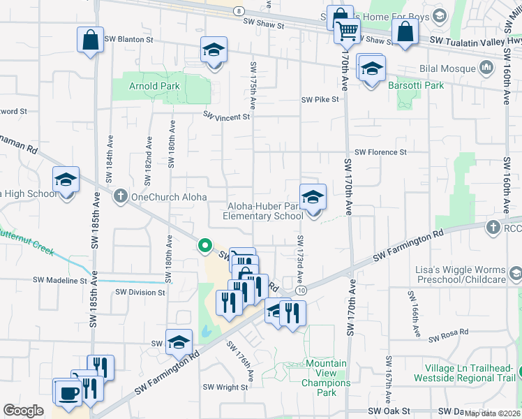map of restaurants, bars, coffee shops, grocery stores, and more near 4880 SW 175th Ave in Beaverton