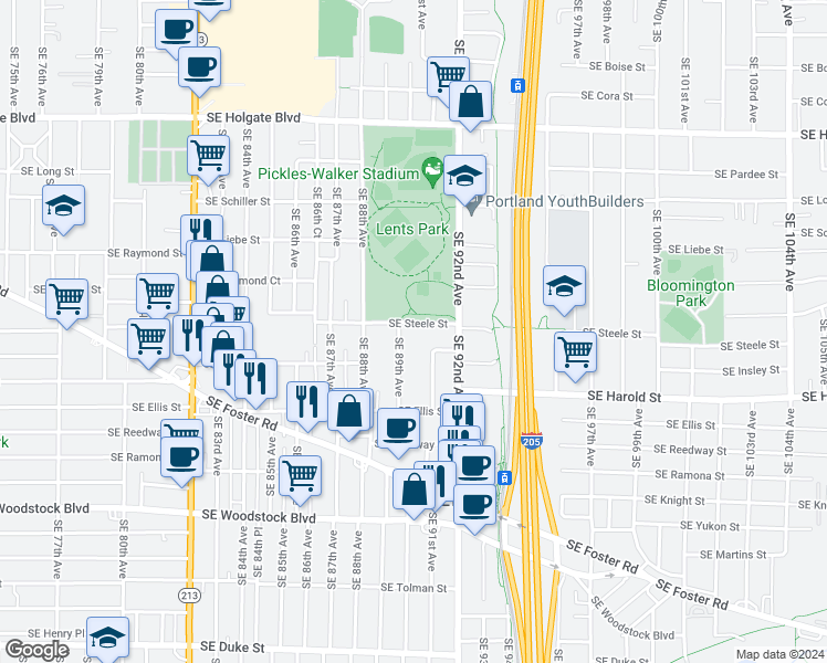 map of restaurants, bars, coffee shops, grocery stores, and more near 9006 Southeast Steele Street in Portland