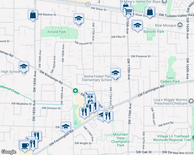 map of restaurants, bars, coffee shops, grocery stores, and more near 4870 Southwest 175th Avenue in Beaverton