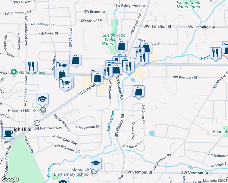 map of restaurants, bars, coffee shops, grocery stores, and more near 4835 Southwest Oleson Road in Portland