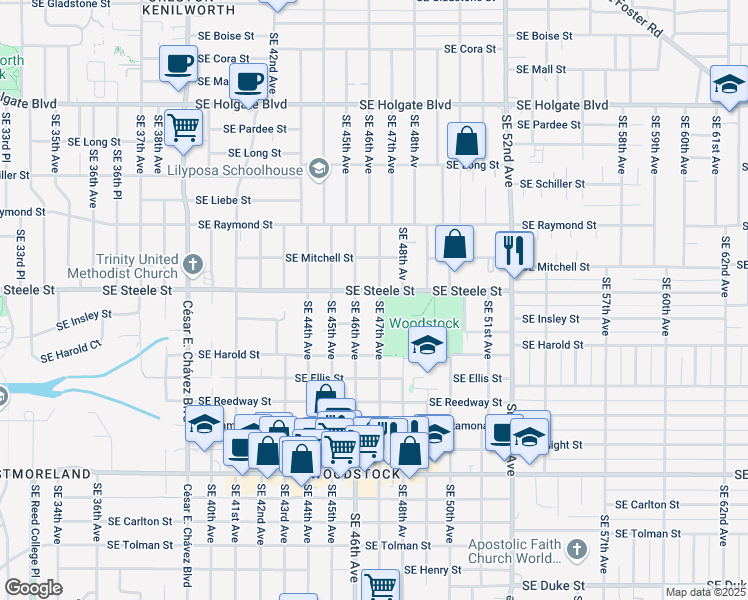 map of restaurants, bars, coffee shops, grocery stores, and more near 5315 Southeast 47th Avenue in Portland