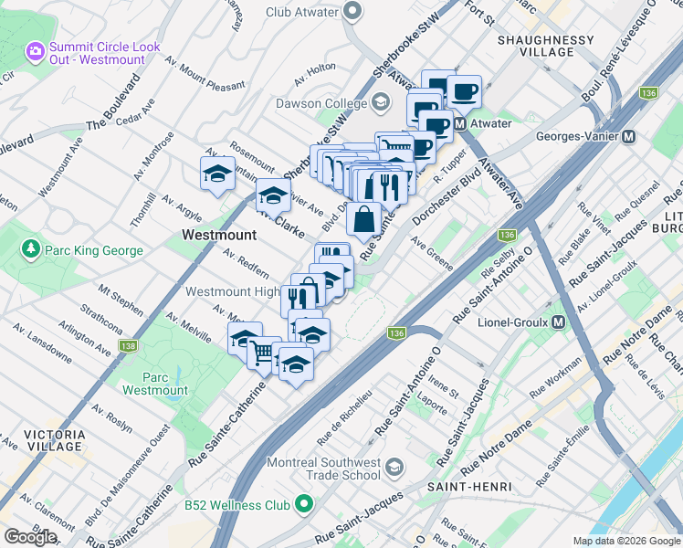 map of restaurants, bars, coffee shops, grocery stores, and more near 250 Avenue Clarke in Westmount
