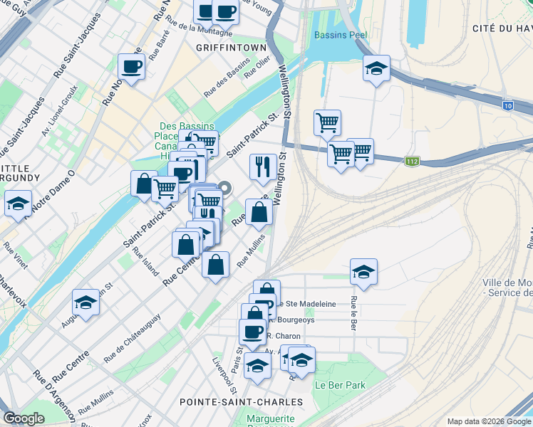 map of restaurants, bars, coffee shops, grocery stores, and more near 1584 Rue Grand Trunk in Montréal