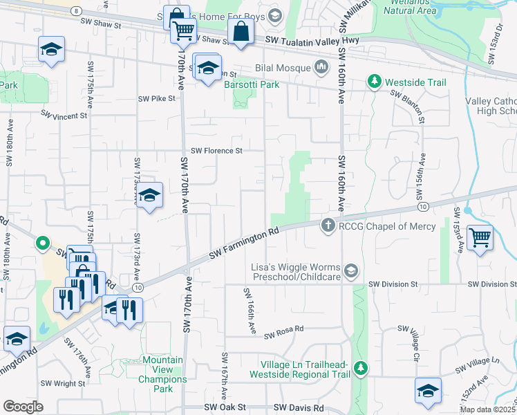 map of restaurants, bars, coffee shops, grocery stores, and more near 4915 Southwest 165th Avenue in Beaverton
