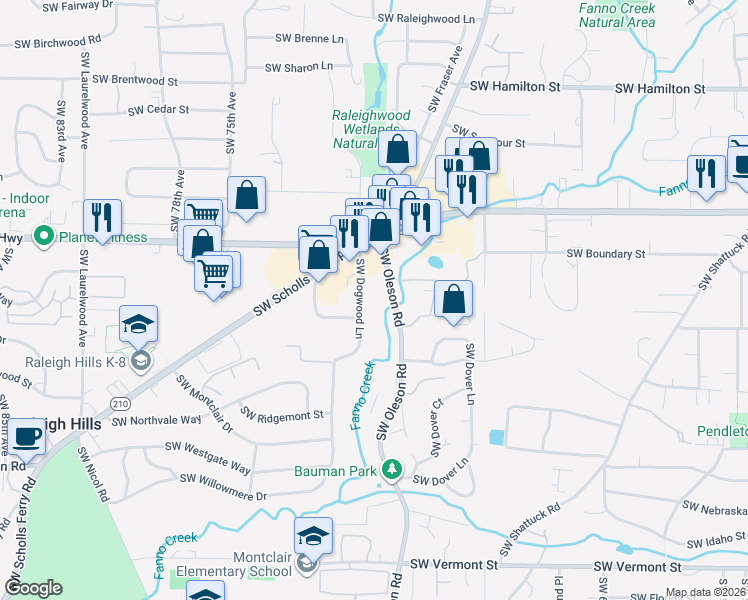 map of restaurants, bars, coffee shops, grocery stores, and more near 4835 Southwest Oleson Road in Portland
