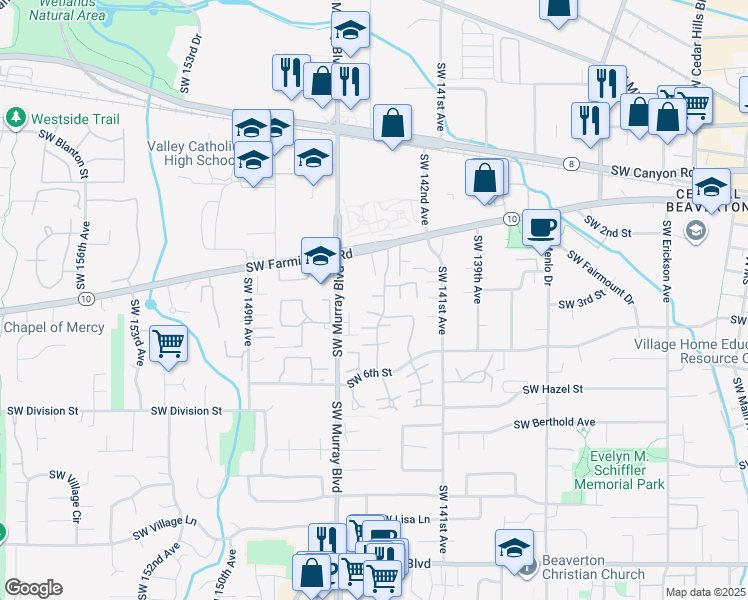map of restaurants, bars, coffee shops, grocery stores, and more near 4895 Southwest Normandy Place in Beaverton