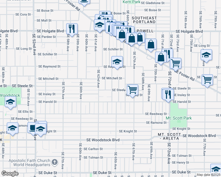 map of restaurants, bars, coffee shops, grocery stores, and more near 5265 Southeast 64th Avenue in Portland