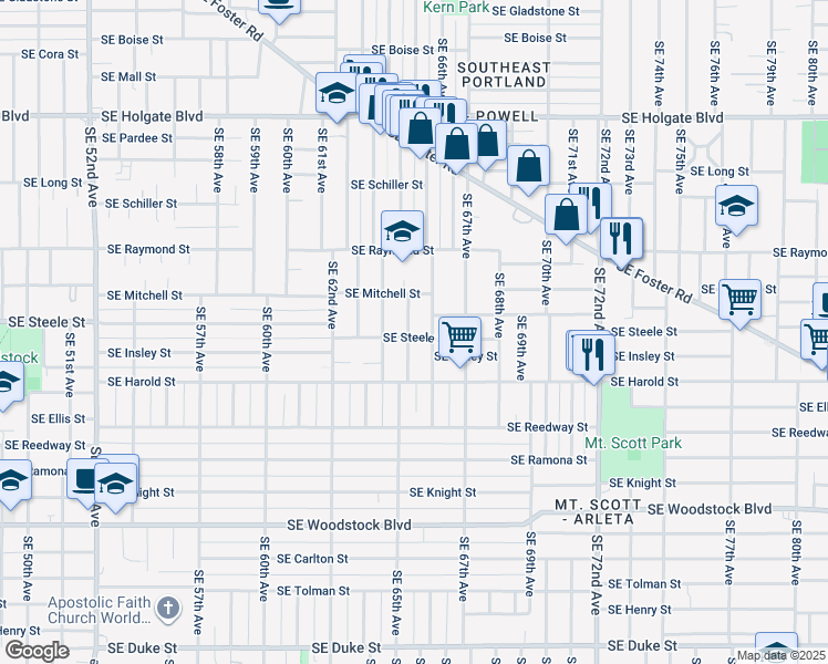 map of restaurants, bars, coffee shops, grocery stores, and more near 6507 Southeast Steele Street in Portland