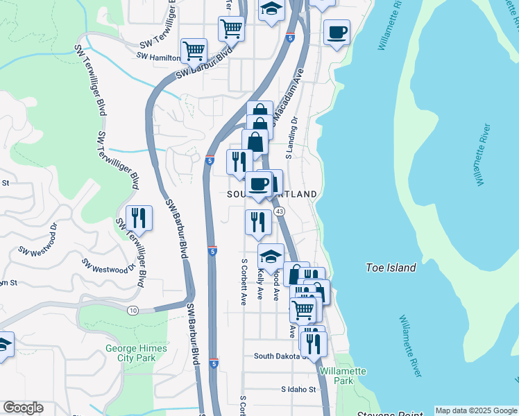map of restaurants, bars, coffee shops, grocery stores, and more near in Portland