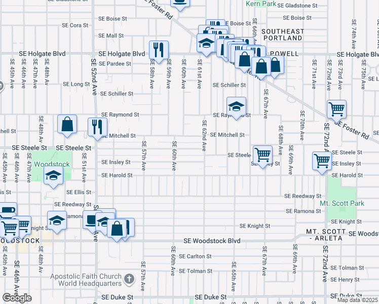 map of restaurants, bars, coffee shops, grocery stores, and more near 6108 Southeast Steele Street in Portland