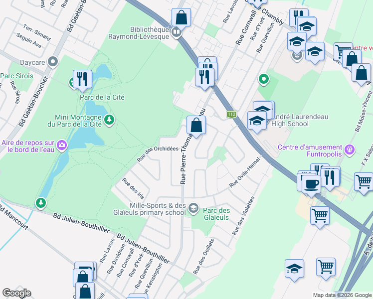 map of restaurants, bars, coffee shops, grocery stores, and more near 3235 Rue Pierre-Thomas-Hurteau in Longueuil
