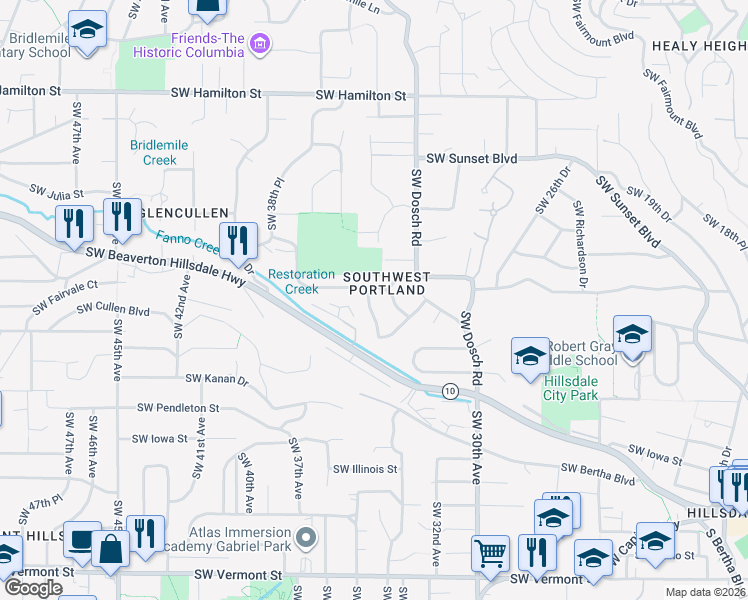 map of restaurants, bars, coffee shops, grocery stores, and more near 5324 Southwest 34th Place in Portland
